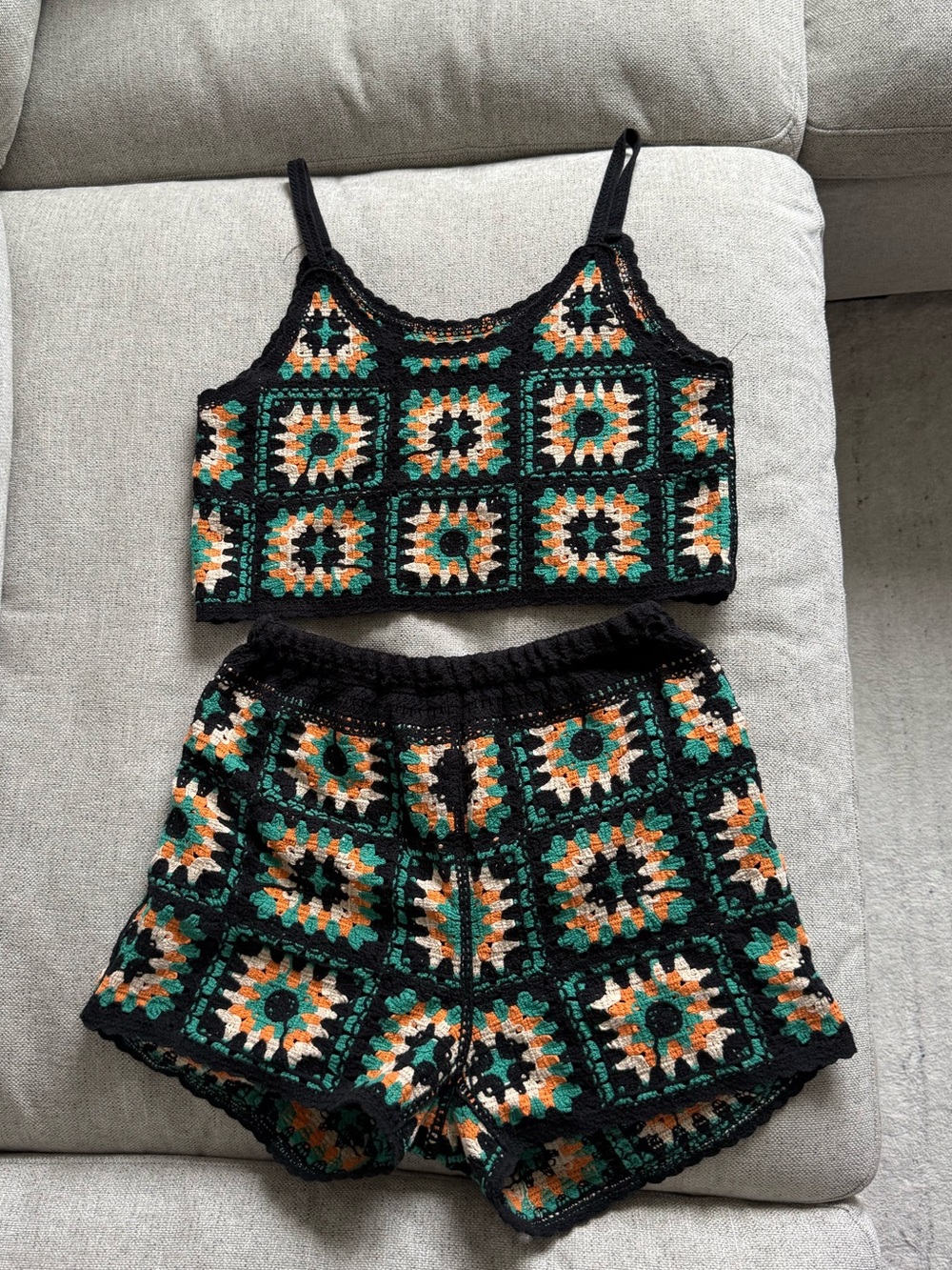 Women’s Crochet Two-Piece Set — Black with Green & Orange Pattern